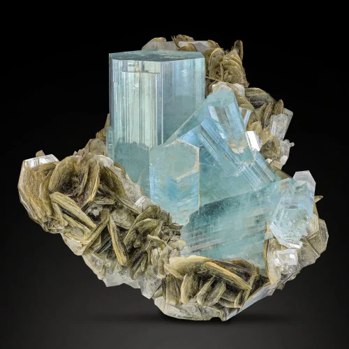 Aquamarine crystals on muscovite matrix, cabinet mineral specimen from Pakistan